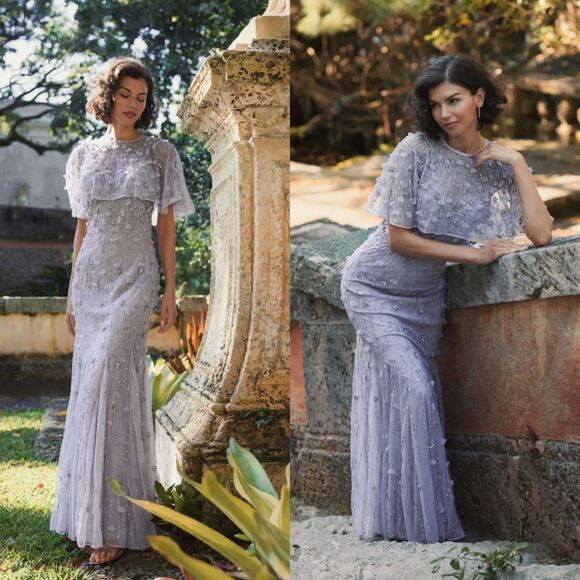 Mac Duggal 93653 Size 16 Dark Navy Blue Floral Cape Trumpet Gown Long Maxi Dress - Picture 4 of 4